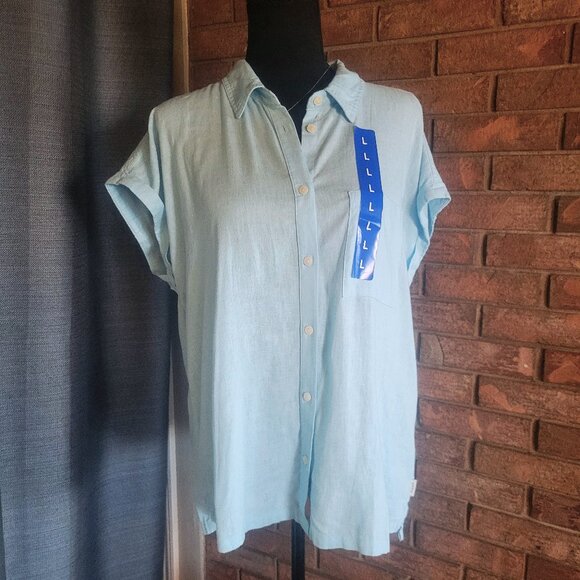 NWT! Orvis Women's Linen Blend Lt. Blue Capped Sleeve Button-up Blouse - Size L - Picture 1 of 11